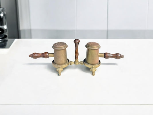 Vtg Brass Salt & Pepper Shaker Set – Wooden Handles & Tripod Bases