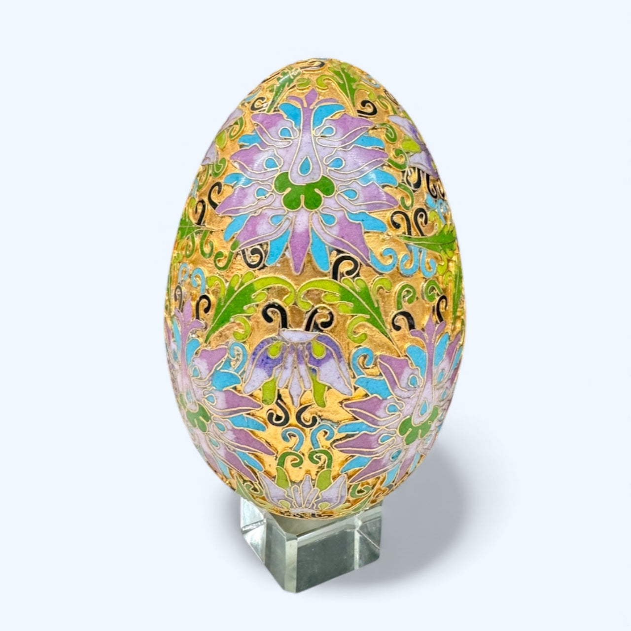 big vtg Chinese cloisonné egg ornament with glass base,home decor