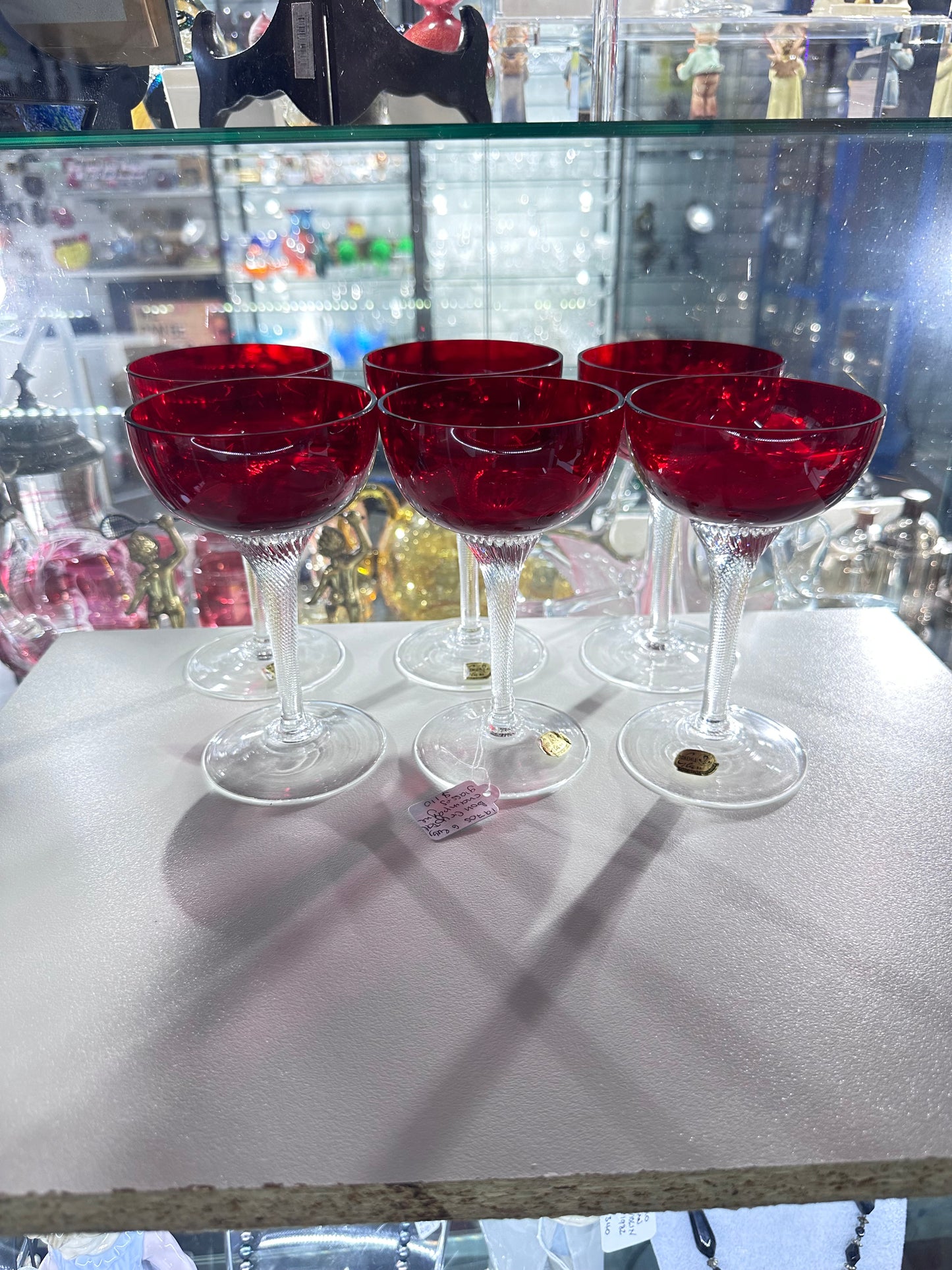 6p 1970s Ruby Bohemian Crystal Champagne Glasses