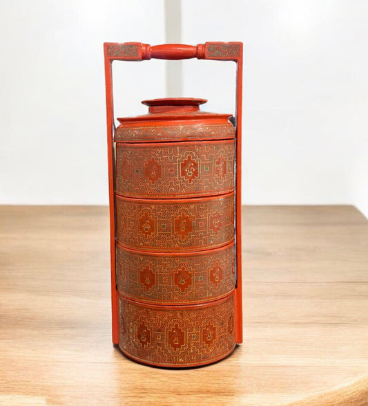 Antique 19th Burmese four-tiered lacquered cylindrical tiffin box or food carrier/picnic basket,
