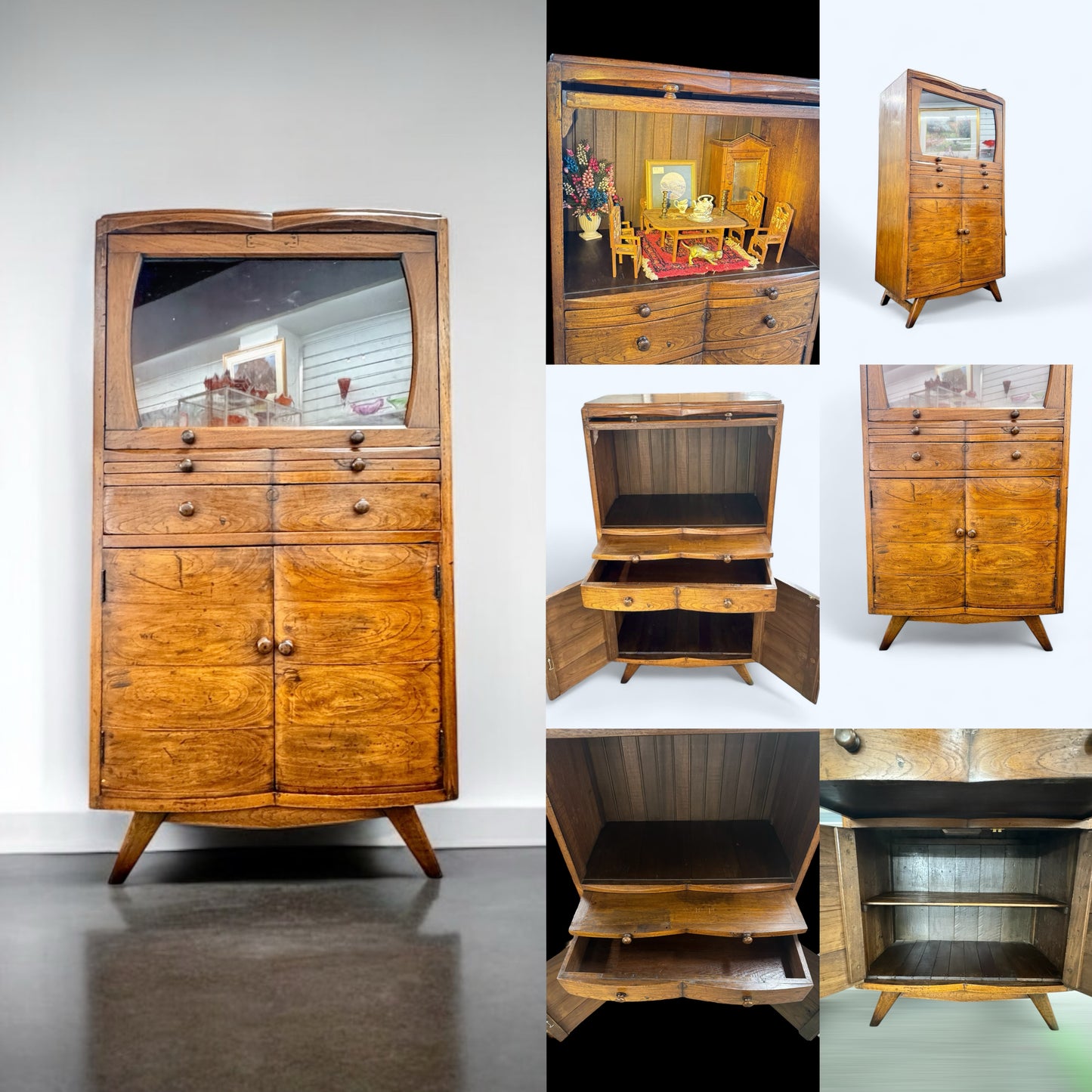 Vintage Mid-Century Elm Wood Cocktail Cabinet / Display Unit
