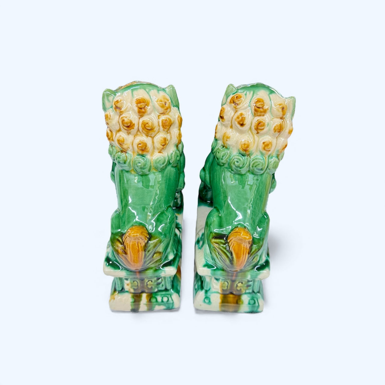 Vintage Chinese Sancai Glazed Foo Dogs – Green Ceramic Guardian Lions (Pair)
