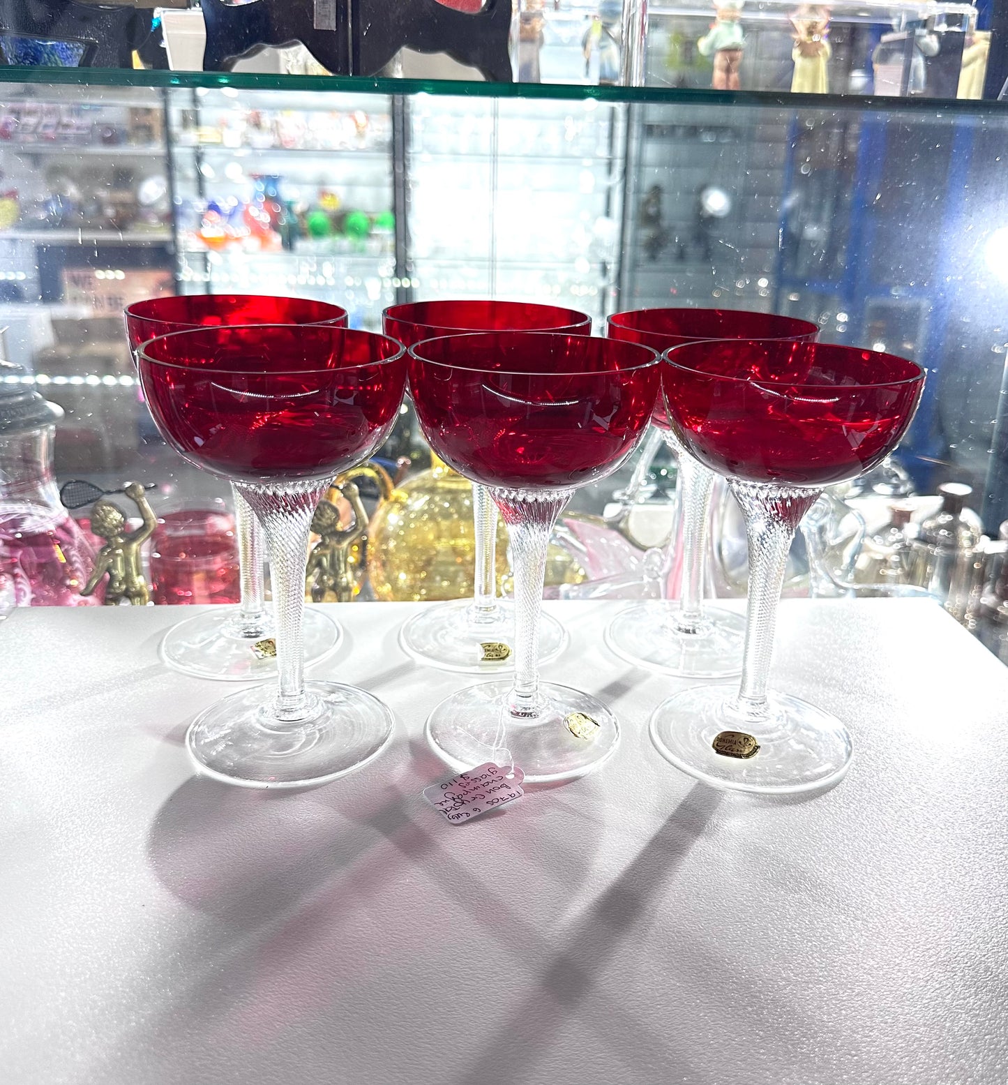 6p 1970s Ruby Bohemian Crystal Champagne Glasses
