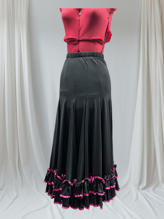 Full circle Black skirt with Magenta Satin Trim