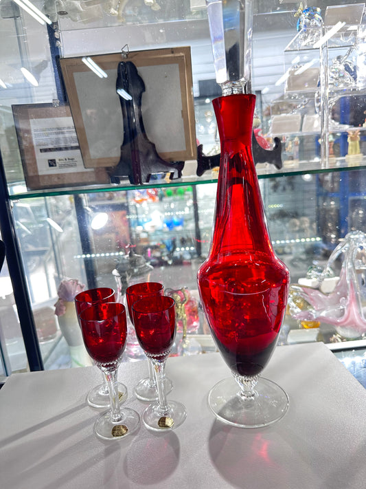 1970s Bohemian Crystal Ruby Decanter + Four Sherry Glasses