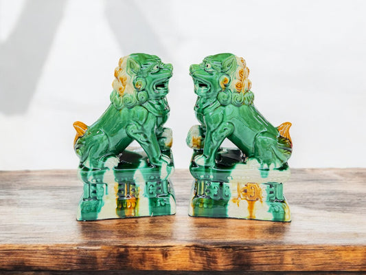 Vintage Chinese Sancai Glazed Foo Dogs – Green Ceramic Guardian Lions (Pair)
