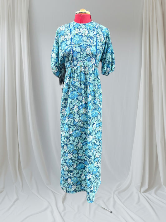 1970s Boho Blue Daisy Print Maxi Dress Tie