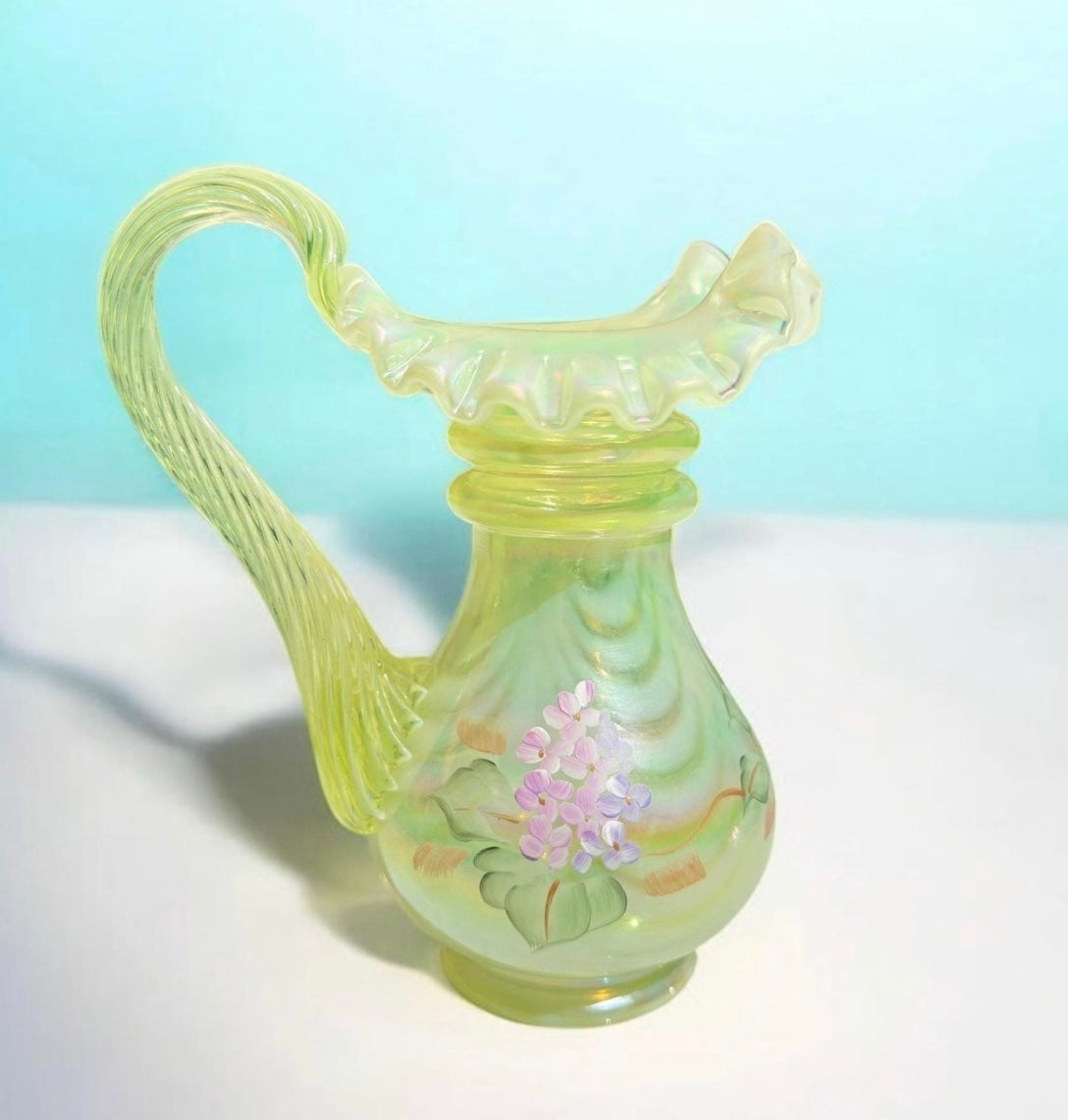 1997 FENTON Vaseline uranium glass Topaz OPALESCENT HYDRANGEAS pitcher