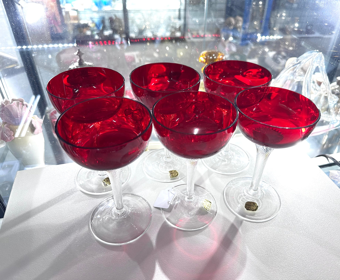 6p 1970s Ruby Bohemian Crystal Champagne Glasses