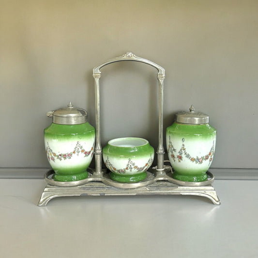 4p Condiment Set - Porcelain Salt Pepper Mustard and Silver Holde
