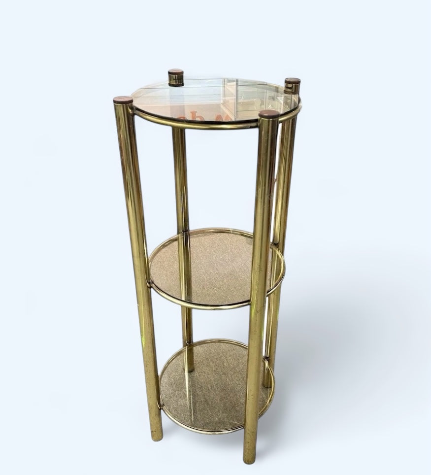 1980’s three tier brass plated shelves/side table with smoky glass