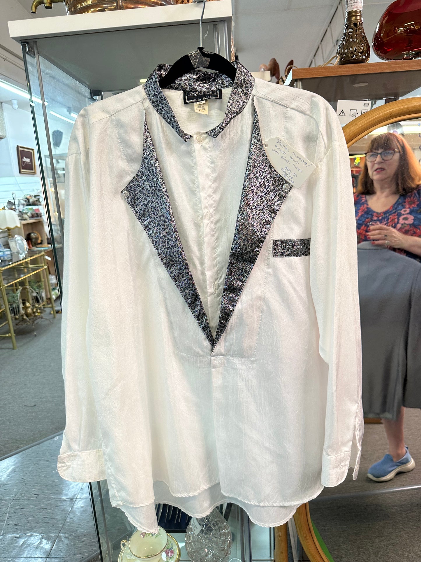 Vintage Italian Tuxedo Dinner Shirt – Silver Lurex Trim – XL