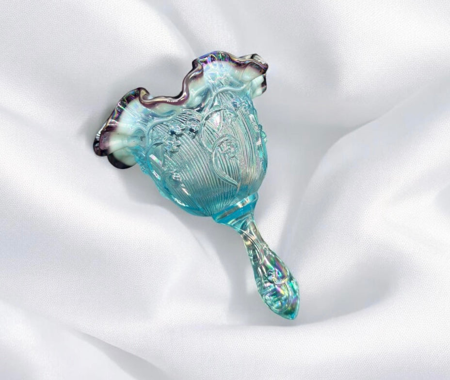 1990s Fenton Opalescent “Lily of the Valley” bell, Blue Plum Ruffle, RARE Piece