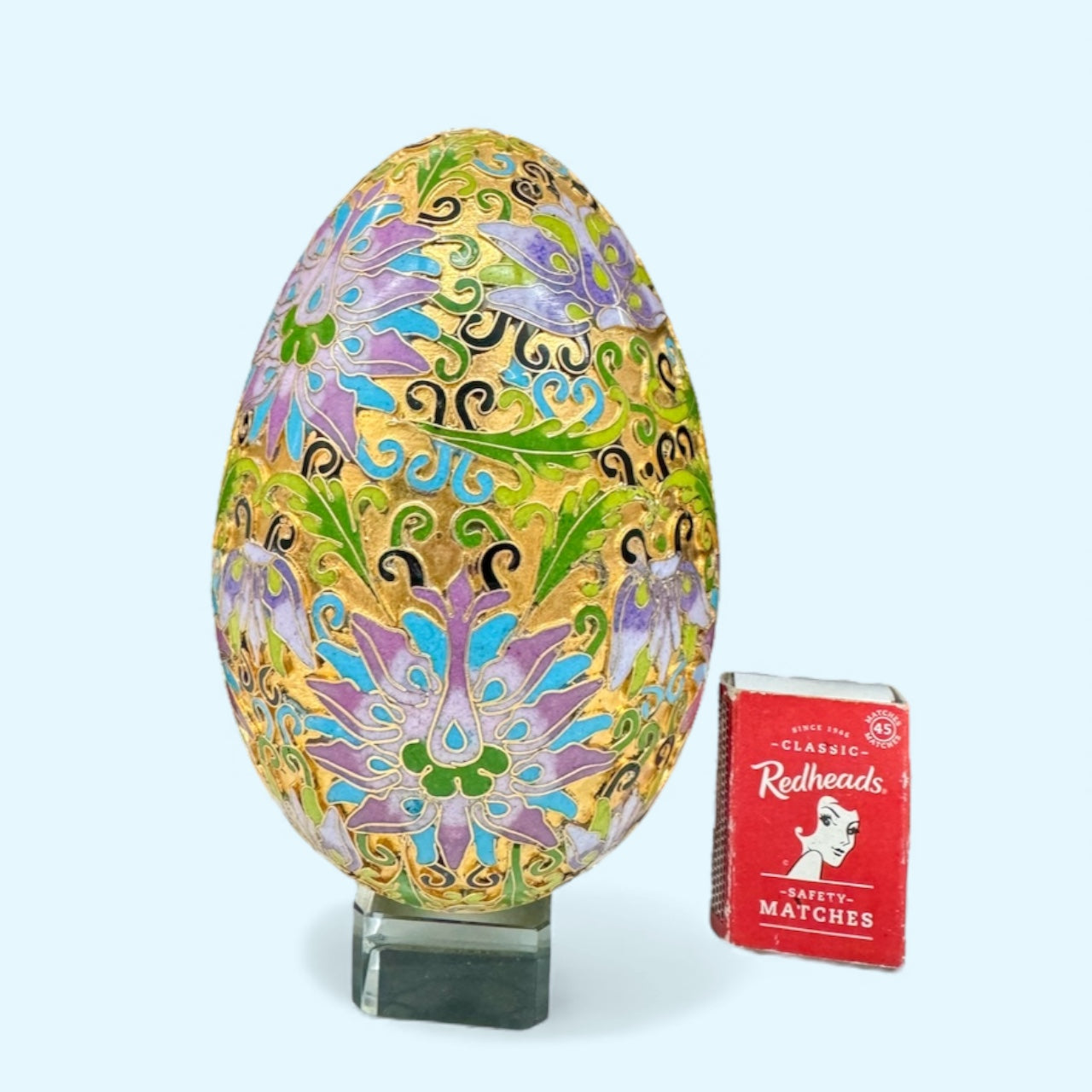 big vtg Chinese cloisonné egg ornament with glass base,home decor