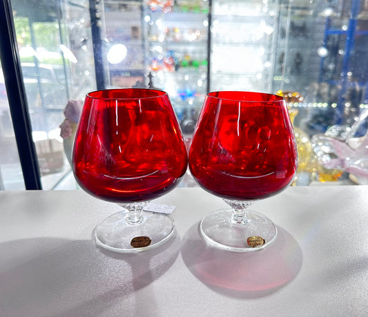 Pair 1970s Ruby Bohemian Crystal Brandy Glass