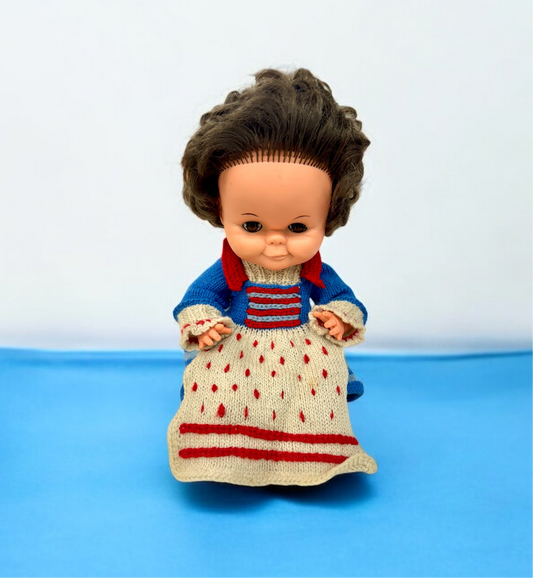 vintage doll, made in England marked, hand knit dresses