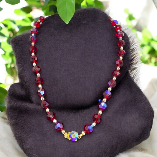 Aurora Borealis Red Beads Necklace + Earrings