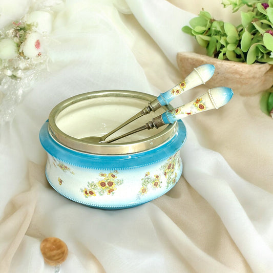 George Jones & Sons Ceramic silver rimmed  salad bowl with servers