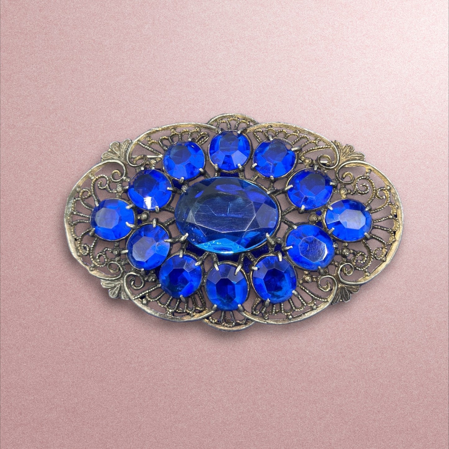 Large Sapphire Blue Crystal Czech Vintage Brooch 1940's