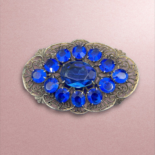 Large Sapphire Blue Crystal Czech Vintage Brooch 1940's