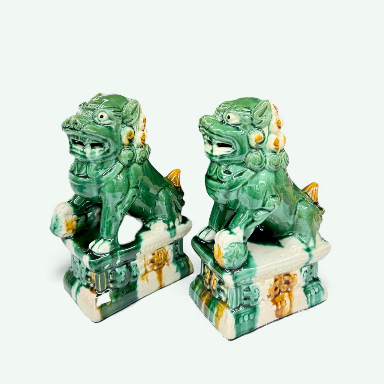 Vintage Chinese Sancai Glazed Foo Dogs – Green Ceramic Guardian Lions (Pair)