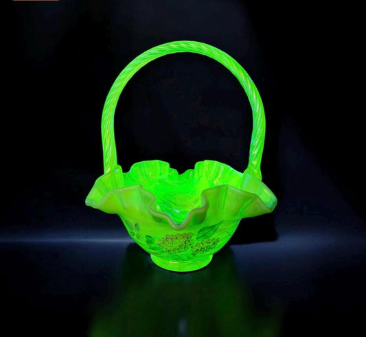 Rare Fenton Topaz Opalescent Vaseline uranium glass Basket hand painted flower by artist from Fenton