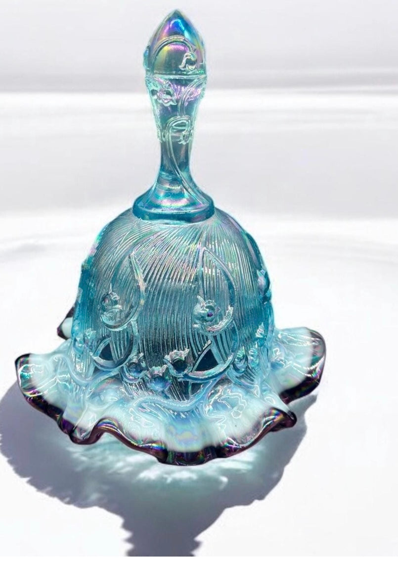 1990s Fenton Opalescent “Lily of the Valley” bell, Blue Plum Ruffle, RARE Piece