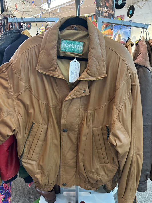 Vintage Popüler Leather Club Tan Leather Jacket – Made in Turkey, L-XL