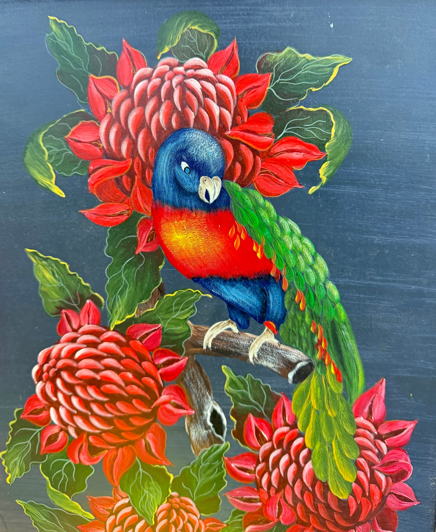 Oil painting on board,Parrot setting on Waratah flower