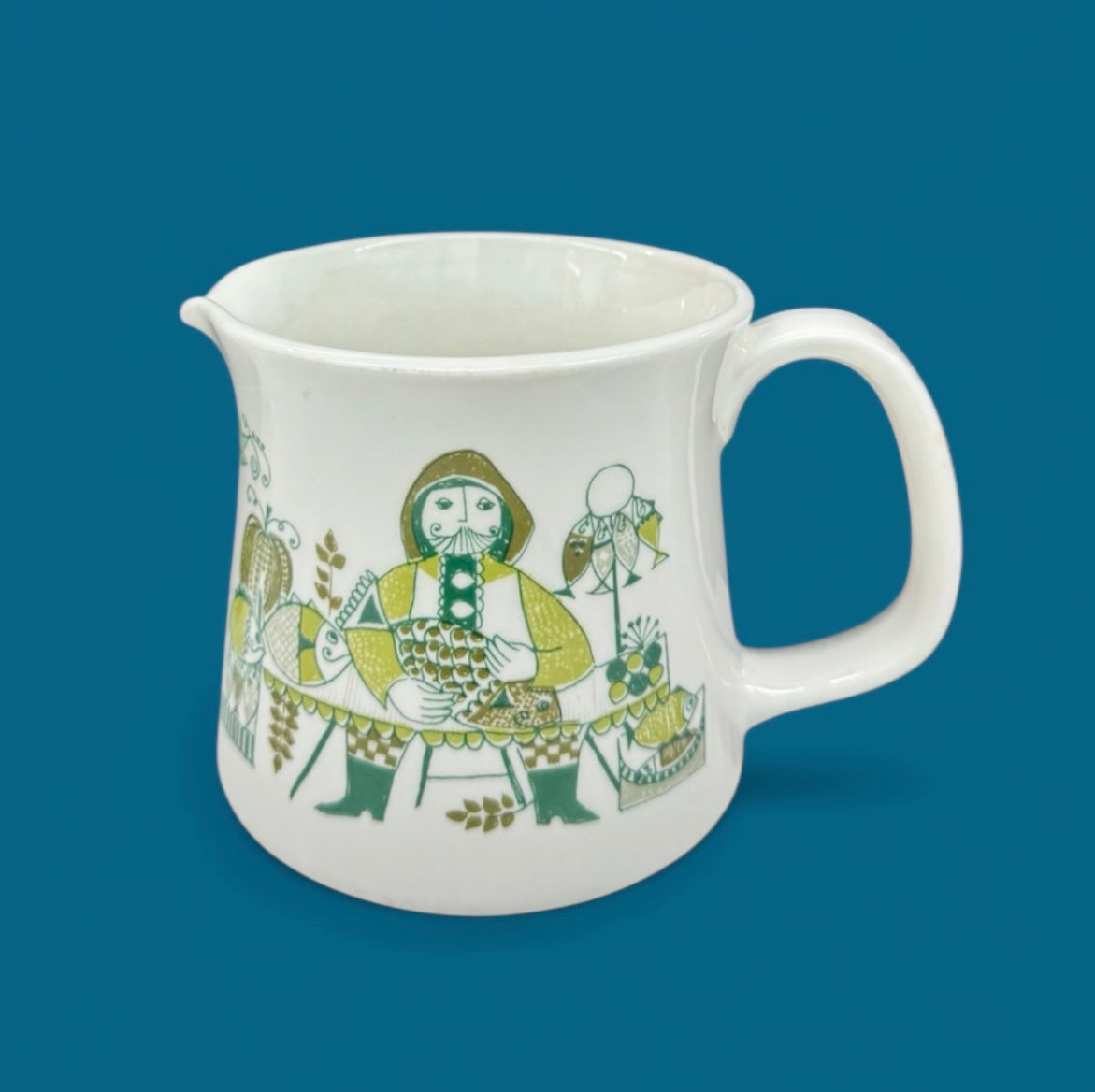 Figgjo Market Jug, Turi Design, 1960s Vintage Norwegian Ceramic Pitcher, Green & Yellow Folk Art