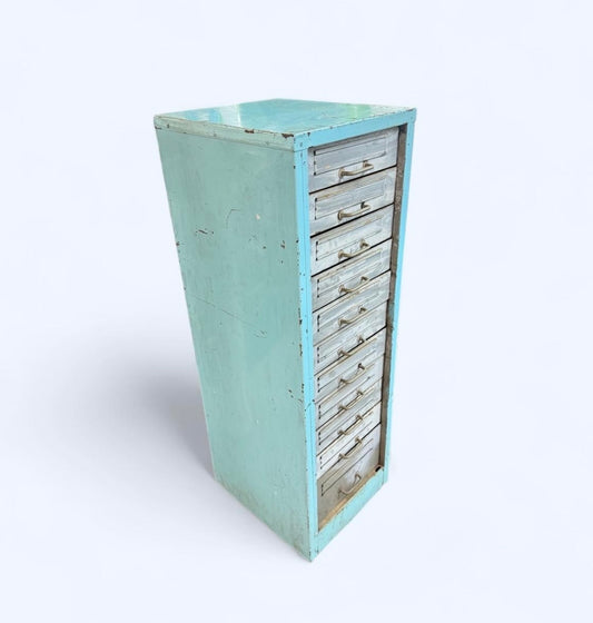 Vintage Industrial Metal Drawer Cabinet – Distressed Blue Steel Multi-Drawer Storage Unit