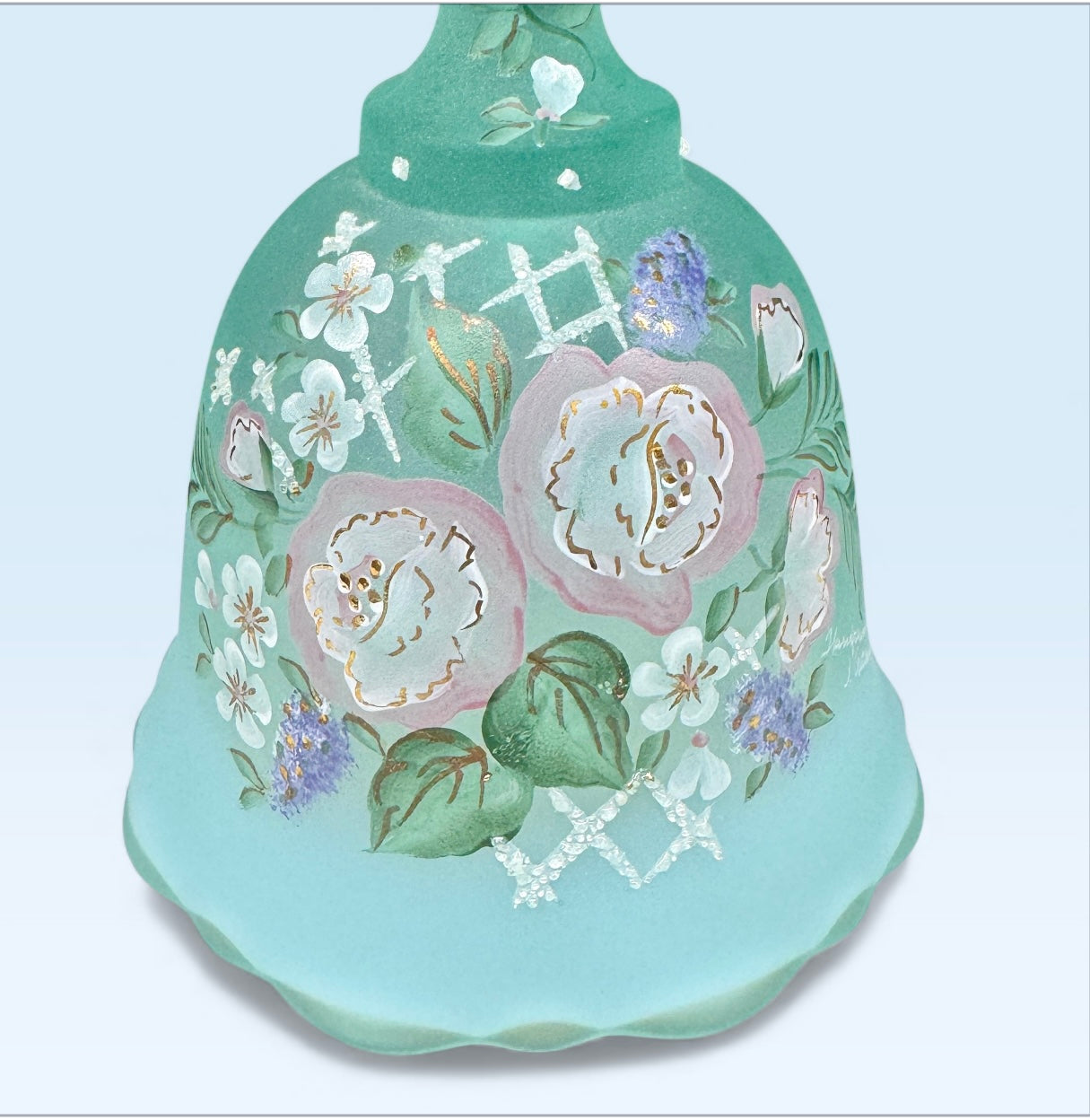 Fenton Satin Glass Hand-Painted Floral Bell – Seafoam Green