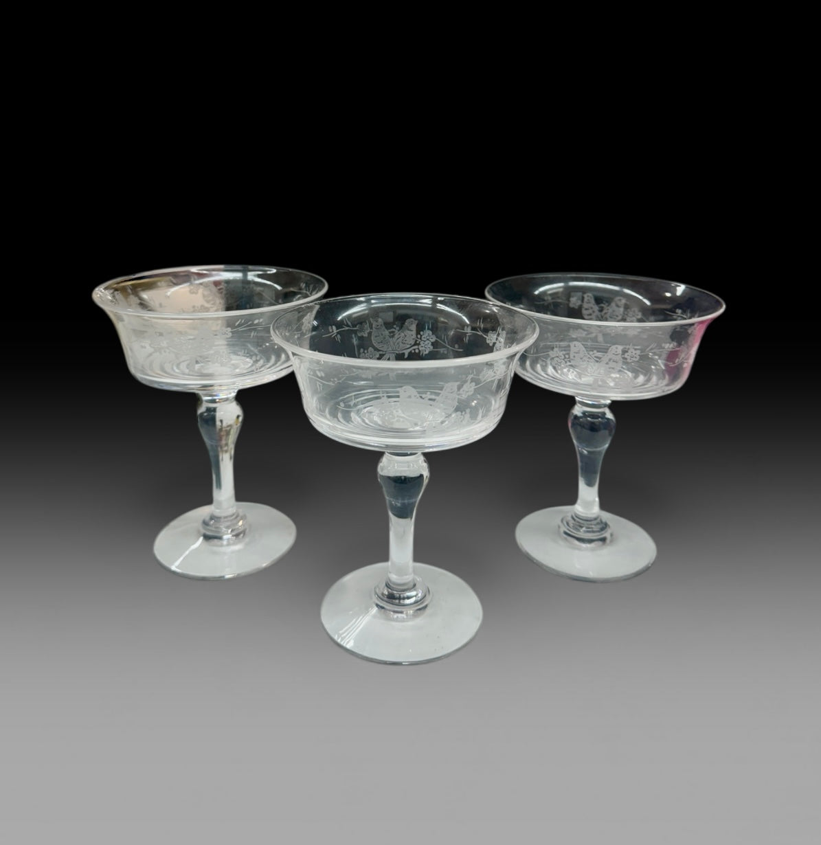 Stuart Crystal Champagne Coupes – Love Birds Engraved – Vintage English Crystal Coupe Glasses – Wedding Toast Glasses No 681649 Love Birds