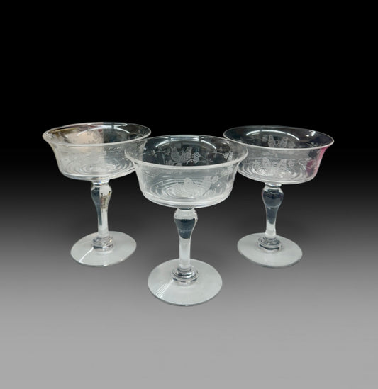 Stuart Crystal Champagne Coupes – Love Birds Engraved – Vintage English Crystal Coupe Glasses – Wedding Toast Glasses No 681649 Love Birds