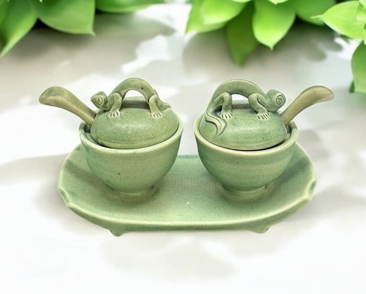vintage green pottery lizard Condiment Bowls with original spoons,hand made