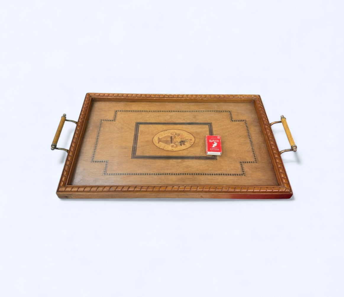 vtg Big wooden tray,marquetry’s inlaid,serving tray,kitchen decor,glass top