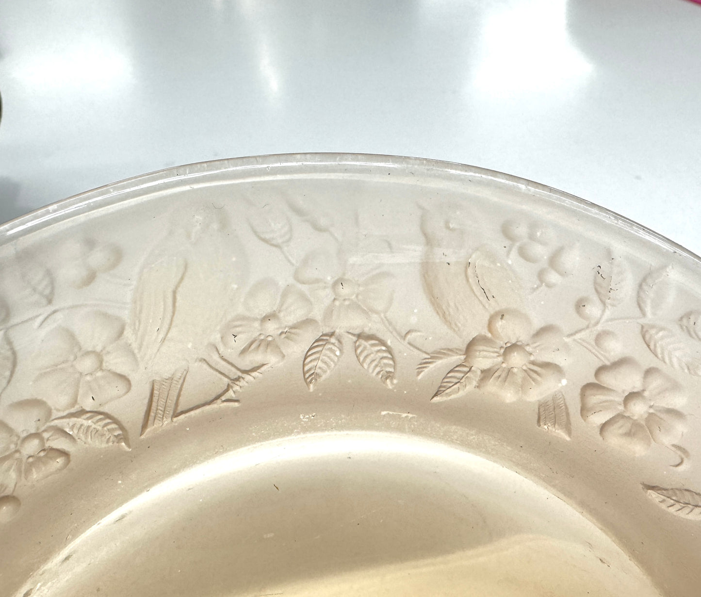 vtg Amber glass,Uranium glass plate,relief birds