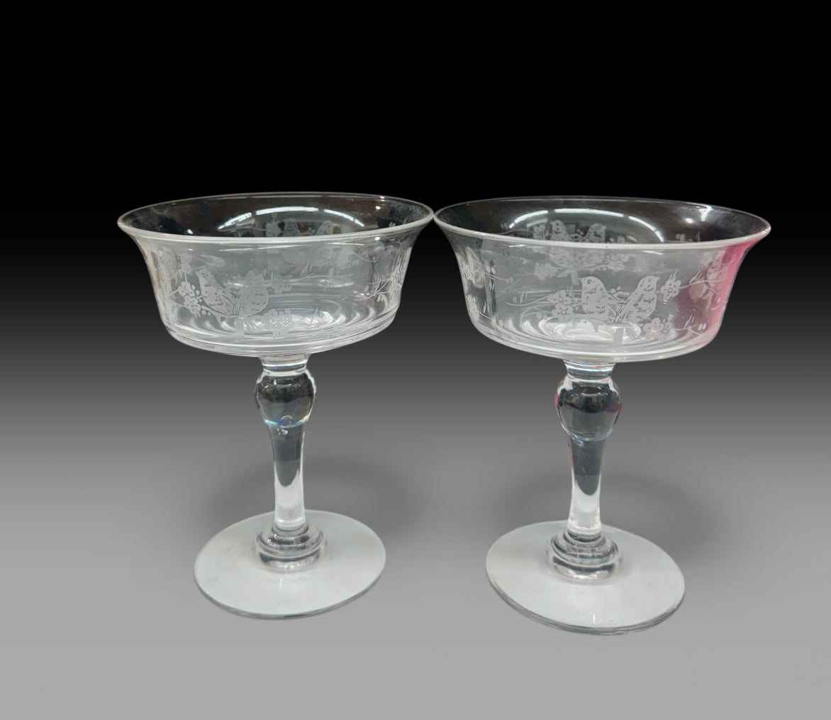 Stuart Crystal Champagne Coupes – Love Birds Engraved – Vintage English Crystal Coupe Glasses – Wedding Toast Glasses No 681649 Love Birds