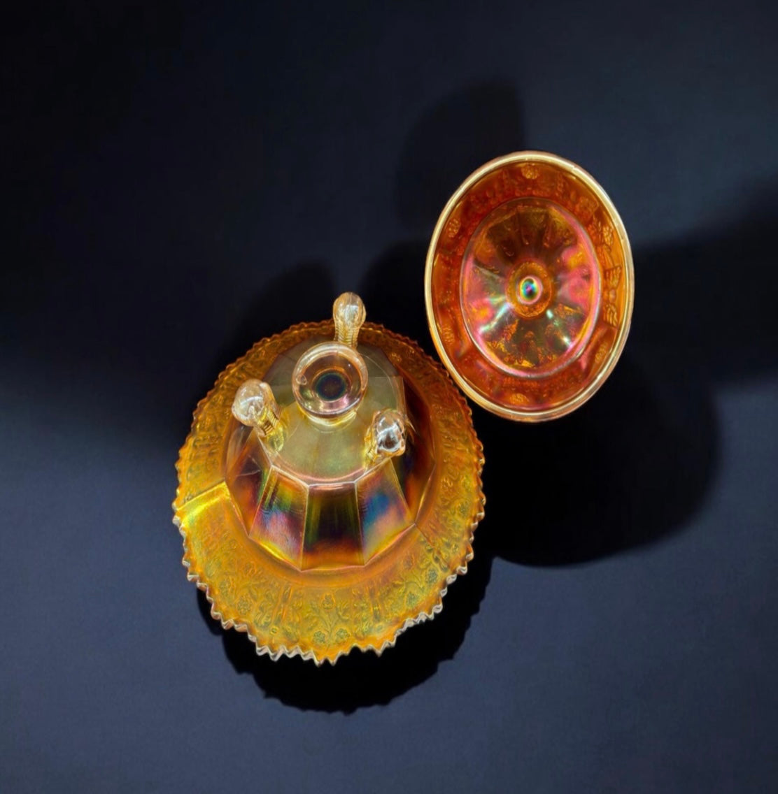 Rare Fenton Carnival Glass “Butterfly & Berry” Covered Butter Dish – Marigold, Three-Footed (c.1920)