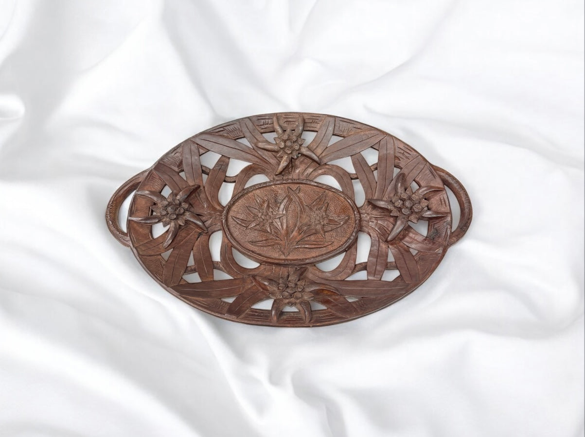 Vintage wooden fruit oval bowl with handle,hand carved