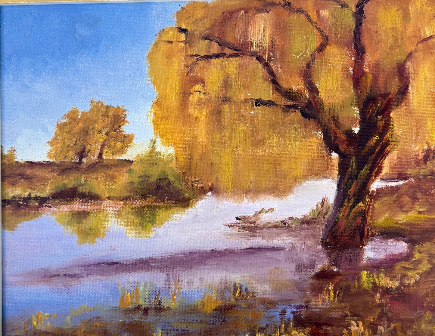 signed oil painting landscape lakeside