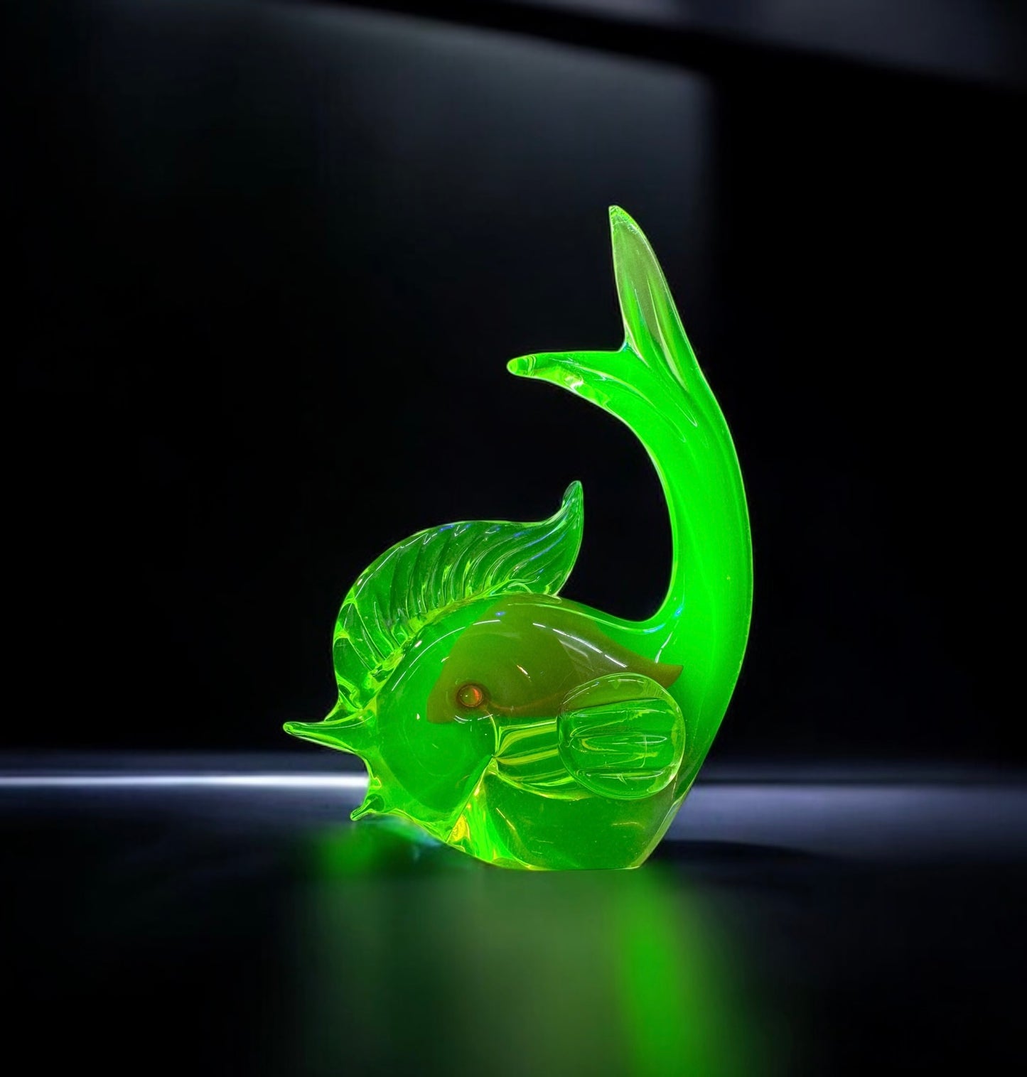 vintage Uranium Murano Sommerso Glass style Dolphin Sculpture,art glass, hand blown