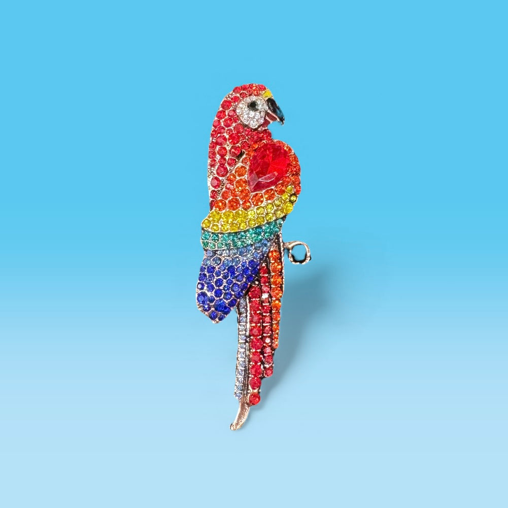 Rhinestone Parrot Statement Brooch – Rainbow Crystal Bird Pin