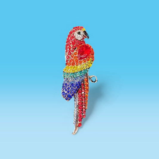 Rhinestone Parrot Statement Brooch – Rainbow Crystal Bird Pin