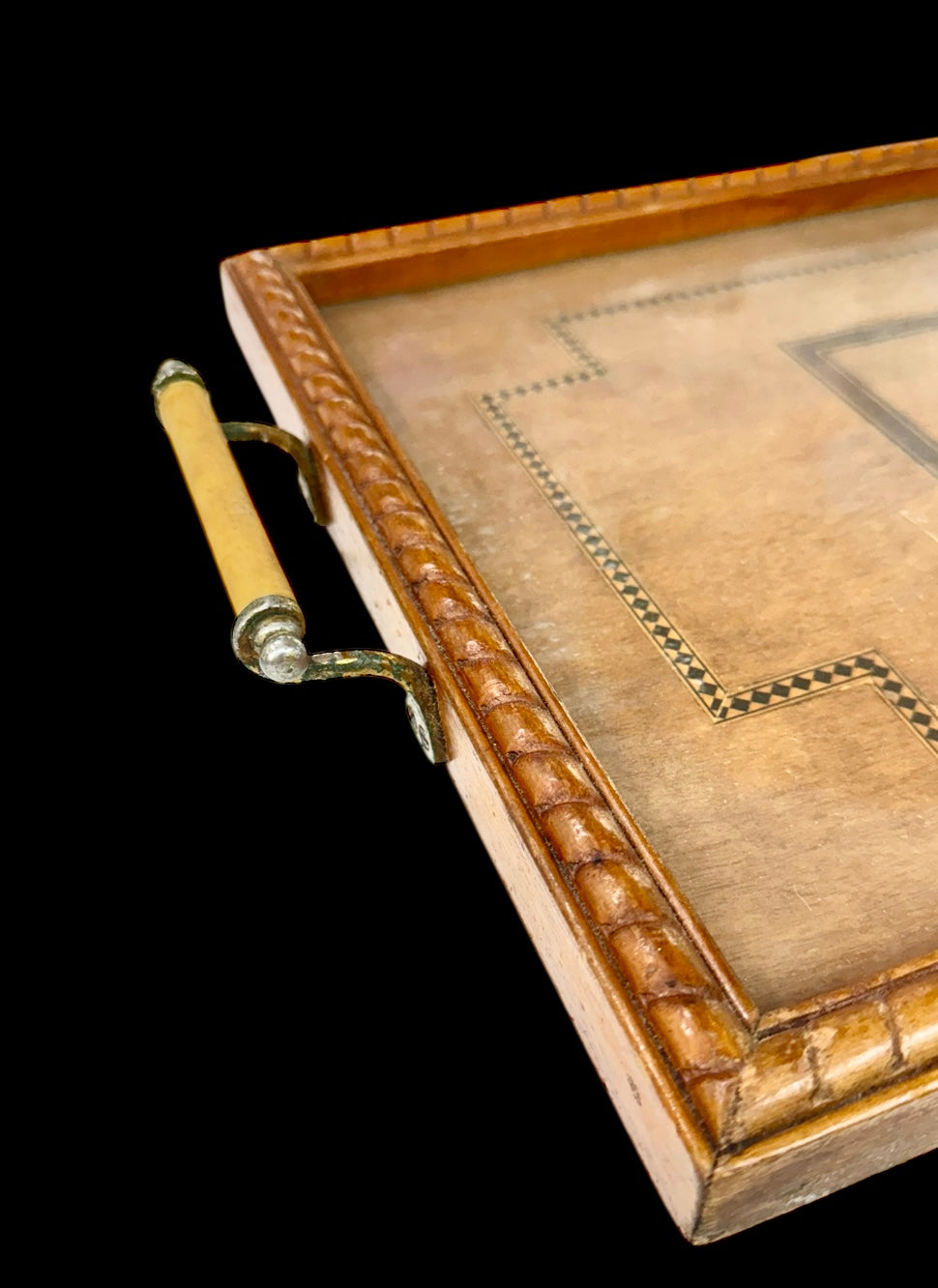 vtg Big wooden tray,marquetry’s inlaid,serving tray,kitchen decor,glass top
