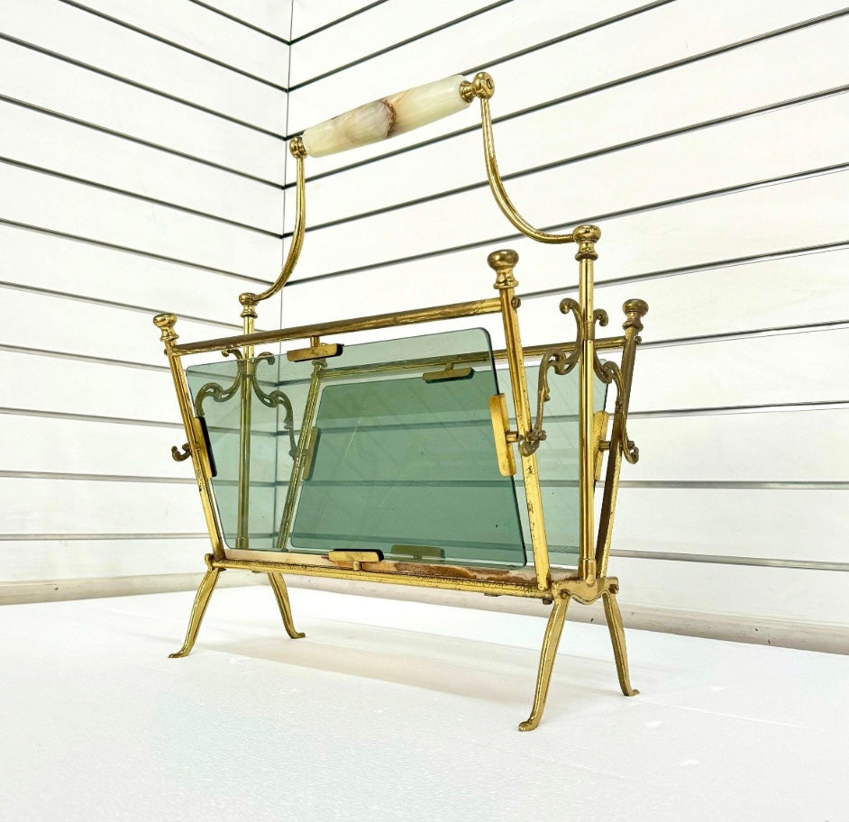 Rare 60's Brass glass&Onyx magazine rack by Masion bagus