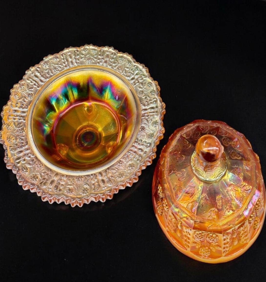 Rare Fenton Carnival Glass “Butterfly & Berry” Covered Butter Dish – Marigold, Three-Footed (c.1920)