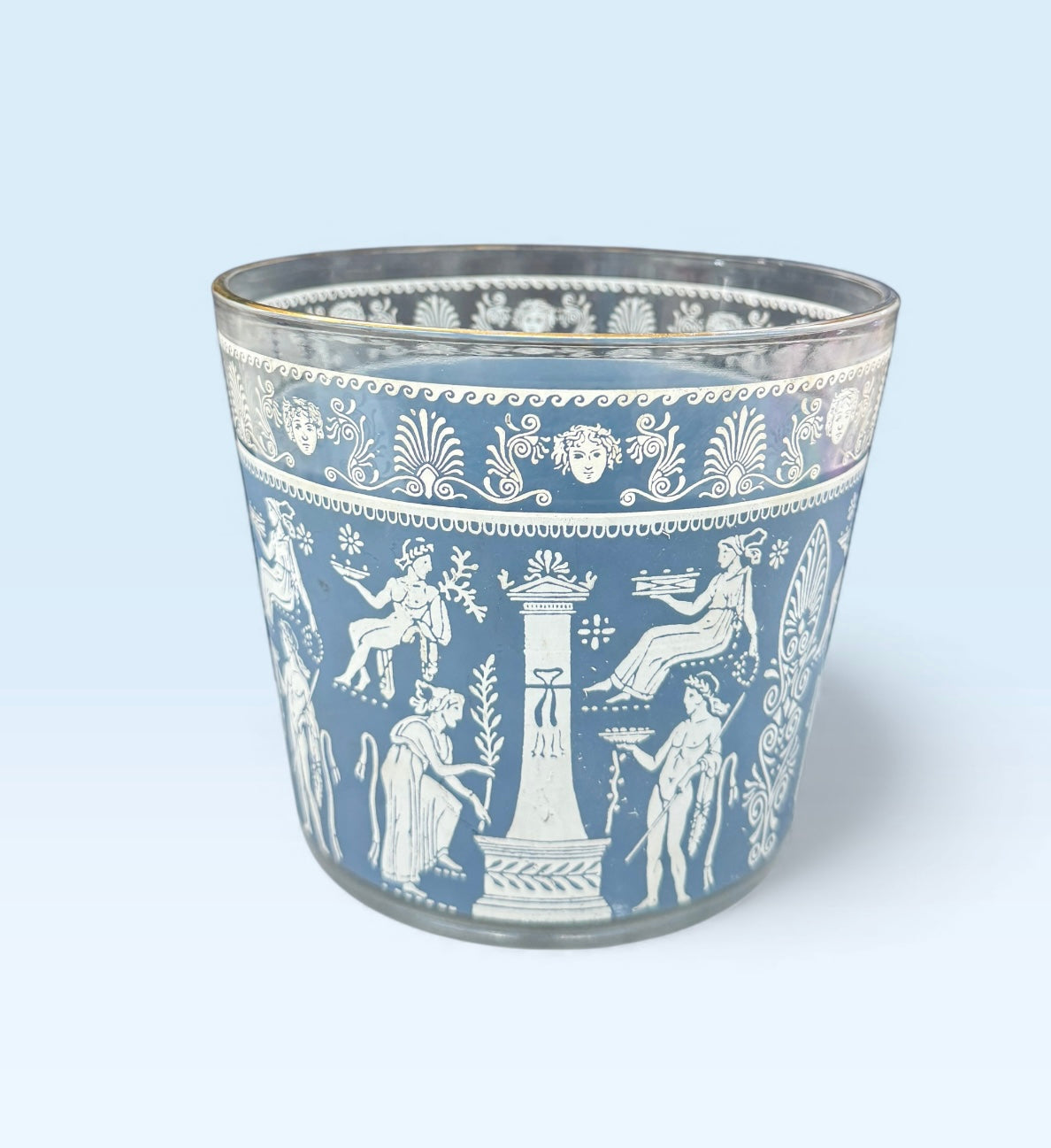 Jeannette Glass Ice Bucket – Blue Hellenic Greek Roman Design with Gold