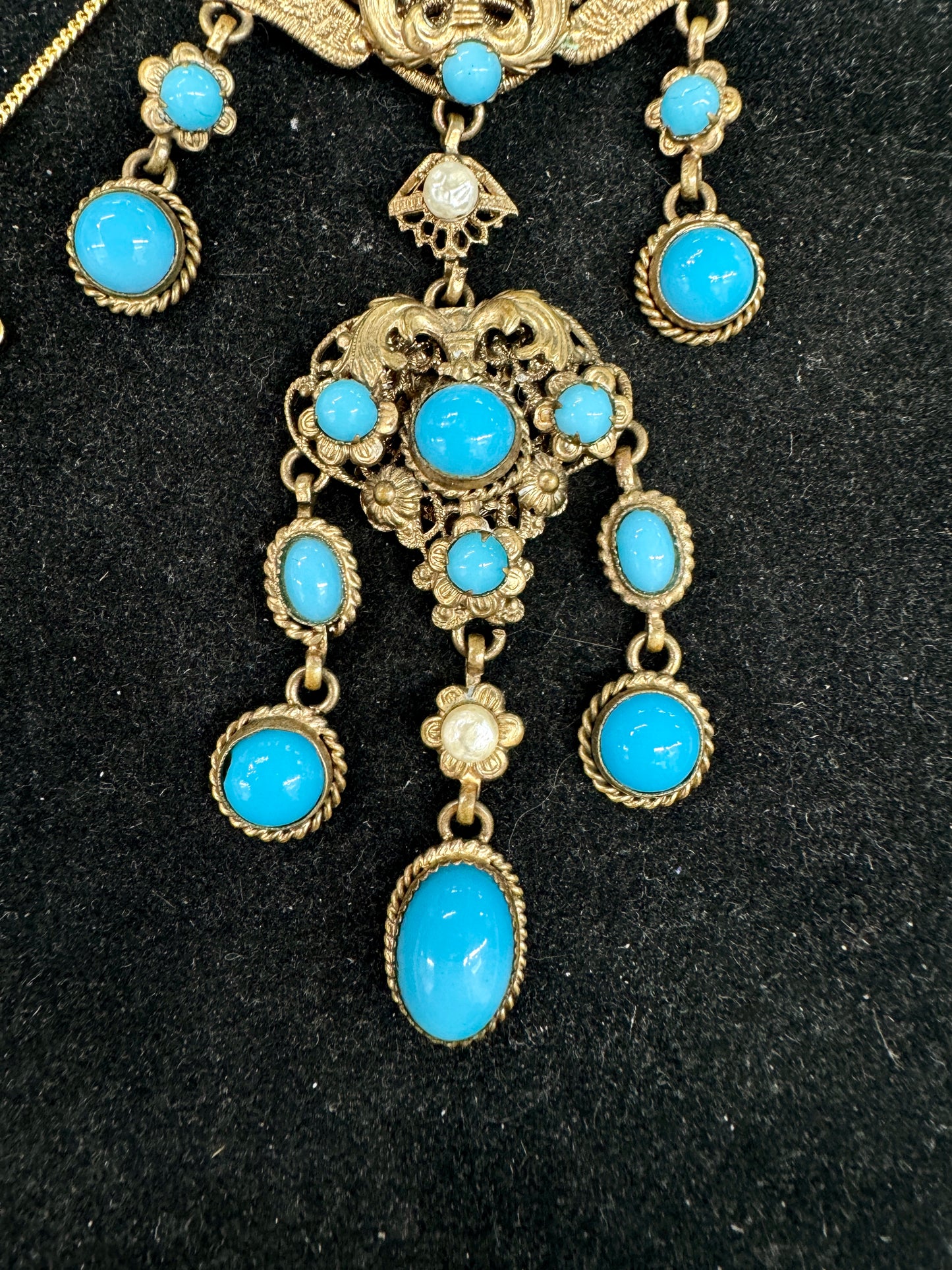 vintage Czechoslovakia made classic design brooch with faux turquoise and pearl