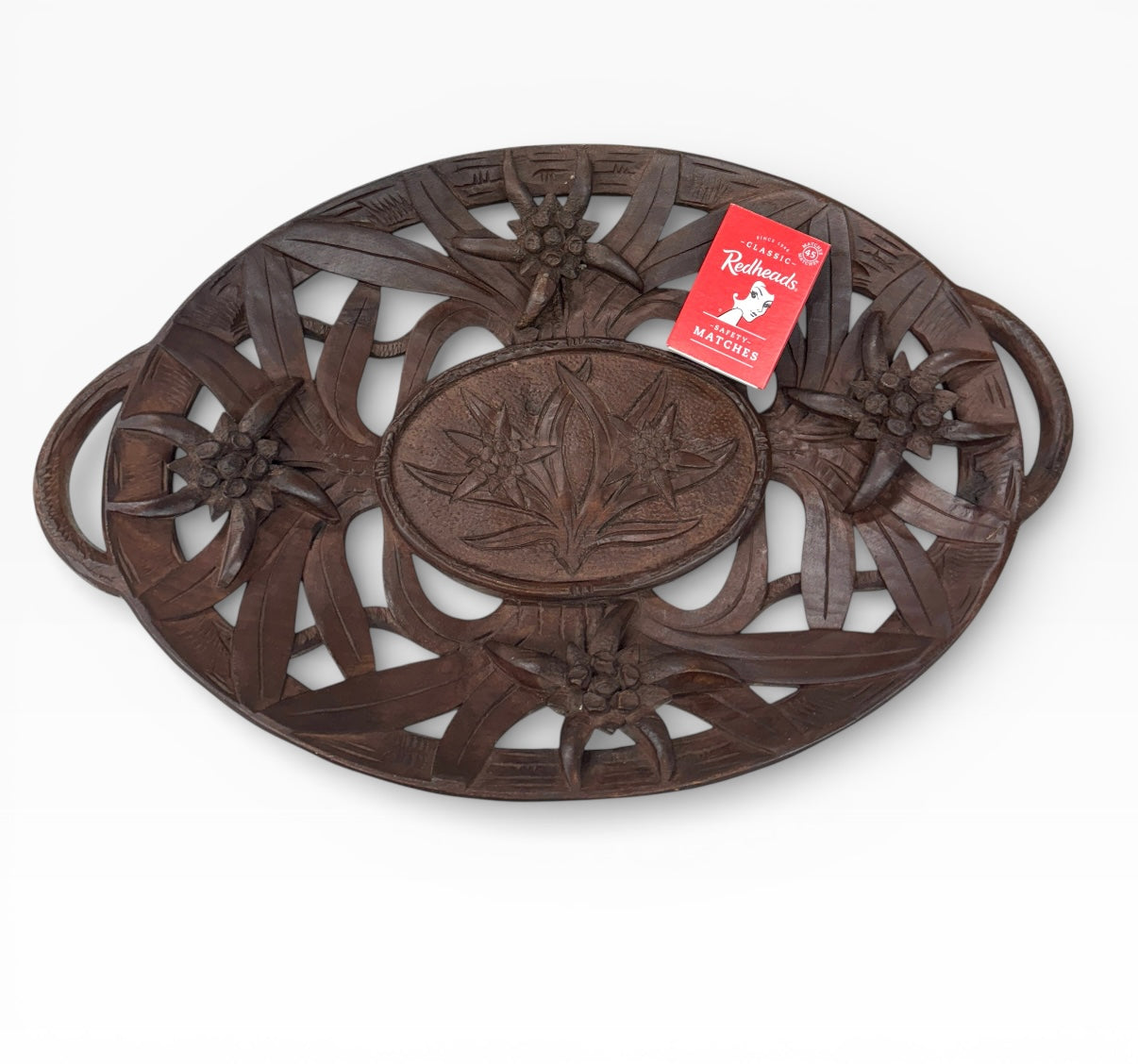 Vintage wooden fruit oval bowl with handle,hand carved